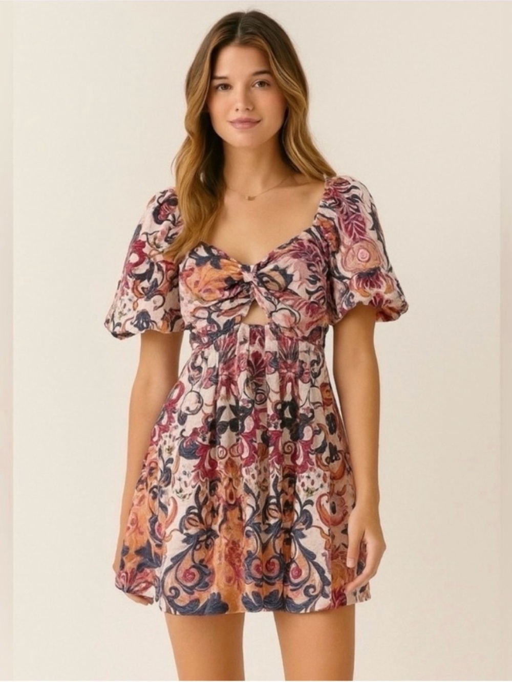 House of Harlow Linen Puff Sleeve Twist Front Cut Out Mini Dress Floral Size 2